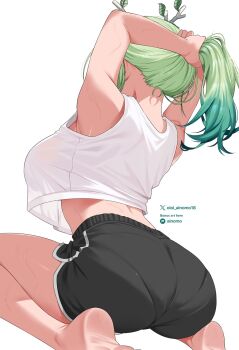 1girl antlers arms_behind_head arms_up ass barefoot black_shorts breasts ceres_fauna commentary crop_top crop_top_overhang dolphin_shorts feet from_behind gradient_hair green_hair highres hololive hololive_english horns large_breasts medium_hair multicolored_hair oioi_ainomo paid_reward_available pantylines see-through_silhouette short_shorts shorts simple_background soles solo symbol-only_commentary tank_top tying_hair virtual_youtuber white_background white_tank_top