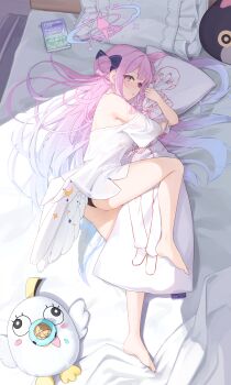 1girl bare_legs bare_shoulders barefoot black_panties blue_archive blush closed_mouth commentary_request dakimakura_(object) daran9 hair_bun halo highres hugging_object long_hair looking_at_viewer lying mika_(blue_archive) on_bed on_side panties peroro_(blue_archive) pillow pillow_hug pink_hair pink_halo sensei_(blue_archive) shirt single_side_bun solo underwear white_shirt yellow_eyes