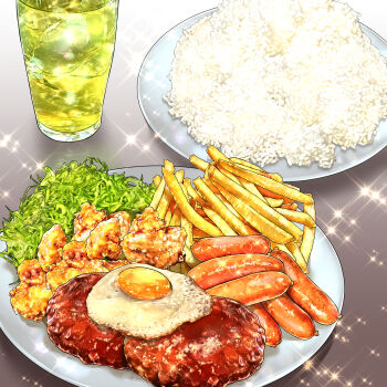 absurdres chicken_(food) commentary_request cup drink drinking_glass egg_(food) food food_focus french_fries fried_egg hamburger_steak highres kurumiri_ryo meat no_humans original plate rice salad sausage sparkle
