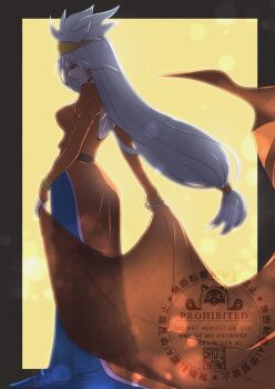 1girl black_border blue_dress blue_hair border bracelet breasts chrono_trigger crown dress earrings hair_tie highres jewelry juliet_sleeves long_dress long_hair long_sleeves low-tied_long_hair medium_breasts orange_dress profile puffy_sleeves queen_zeal shikiwo signature solo spiked_hair two-tone_dress yellow_background