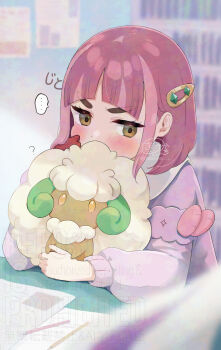 ... 1girl ? adversarial_noise arched_bangs blush brown_eyes cardigan cheek_press gen_5_pokemon gloves hair_ornament hairclip highres indoors lacey_(pokemon) long_sleeves masshirokachi nintendo pink_cardigan pink_hair pokemon pokemon_(creature) pokemon_sv red_gloves short_hair single_glove spoken_ellipsis twitter_username upper_body v-shaped_eyebrows whimsicott
