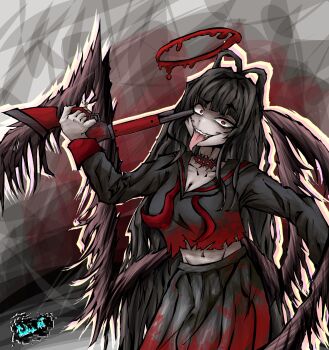 1girl ahoge black_hair black_skirt blood blood_halo blue_archive breasts collarbone commentary dot_nose fangs gun gun_to_head halo highres holding holding_weapon large_breasts lever_action liquid_halo long_hair long_sleeves low_wings midriff open_mouth ramara_(ramara_turqoise) red_eyes red_halo school_uniform sharp_teeth shotgun skirt teeth tsurugi_(blue_archive) weapon winchester_model_1887 wings