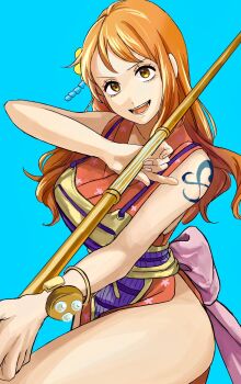 1girl armor back_bow bangle bare_shoulders blue_background bow bracelet breasts brown_eyes clima-tact commentary cowboy_shot fighting_stance hair_ornament highres holding holding_staff inui_(tjb_e0) japanese_armor japanese_clothes jewelry kimono large_breasts log_pose long_hair looking_at_viewer nami_(one_piece) obi official_alternate_costume one_piece open_mouth orange_hair pink_bow red_kimono sash shoulder_tattoo sleeveless sleeveless_kimono solo staff tattoo thighs wavy_hair