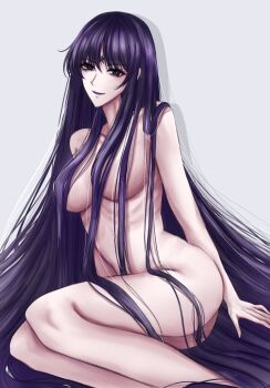 absurdly_long_hair bishoujo_senshi_sailor_moon bishoujo_senshi_sailor_moon_s black_hair commentary crescent crescent_facial_mark english_commentary facial_mark forehead_mark highres long_hair looking_at_viewer mistress_9 nude purple_eyes purple_lips smile star_(symbol) star_facial_mark tomoe_hotaru very_long_hair wbr_komet