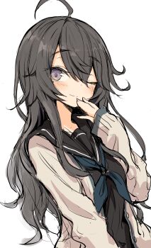 1girl absurdres ahoge black_sailor_collar blue_neckerchief blush cardigan closed_mouth hatohouseplc highres light_smile long_hair long_sleeves messy_hair neckerchief one_eye_closed original sailor_collar school_uniform serafuku sketch upper_body white_background