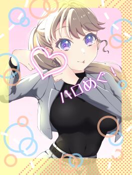 1girl :p absurdres arm_up black_sweater blush border breasts closed_mouth collarbone commentary_request covered_navel floating_hair formal_clothes four-finger_heart_hands fujishima_megumi fujishima_megumi_(post-graduation) grey_jacket grey_skirt hair_intakes heart heart_hands highres impossible_clothes impossible_sweater jacket large_breasts link!_like!_love_live! long_hair looking_at_viewer love_live! open_clothes open_jacket pink_background pleated_skirt ponytail purple_eyes shirane_nanimo sidelocks skirt skirt_suit smile solo suit suit_jacket sweater tongue tongue_out transparent_border virtual_youtuber yellow_border