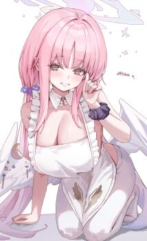 1girl absurdres alternate_costume apron blue_archive blush breasts character_name cleavage commentary detached_collar feathered_wings frilled_apron frills halo heart highres jun_daniell kneeling large_breasts long_hair looking_at_viewer mika_(blue_archive) no_shirt pantyhose pink_hair scrunchie smile solo v very_long_hair white_apron white_pantyhose white_wings wings wrist_scrunchie yellow_eyes