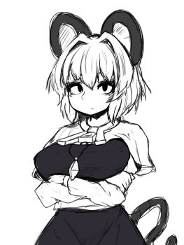 1girl animal_ears arms_under_breasts bags_under_eyes breasts capelet closed_mouth commentary_request cowboy_shot crystal greyscale highres jewelry large_breasts looking_at_viewer monochrome mouse_ears mouse_girl mouse_tail nazrin necklace pendant peso_(cheese_company) short_hair simple_background solo tail touhou