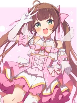 1girl :d ahoge arm_up blush bow braid brown_hair comiket_107 commentary_request detached_sleeves elbow_gloves frilled_skirt frills gloves green_eyes hair_bow hair_ornament heart heart_hair_ornament highres hololive long_hair looking_at_viewer multicolored_hair natsuiro_matsuri natsuiro_matsuri_(magical_girl) official_alternate_costume okota_mikan open_mouth pink_background pink_bow pink_hair pink_sleeves puffy_short_sleeves puffy_sleeves short_sleeves single_thighhigh skirt smile solo streaked_hair teeth thighhighs twintails upper_teeth_only very_long_hair w white_gloves white_skirt white_thighhighs