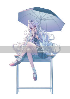 1girl ahoge character_request commission copyright_request crossed_legs full_body grey_hair highres holding holding_umbrella long_hair miniskirt necktie on_table purple_eyes red_necktie shirt simple_background sitting skirt smug solo table thighhighs tubering twitter_username umbrella white_background white_shirt