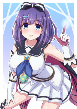 Rule 34 | 1girl, ascot, black hairband, black sailor collar, blue ascot, blue eyes, bow, breasts, closed mouth, gloves, hair bow, hairband, highres, index finger raised, large breasts, medium hair, misora (princess connect!), pleated skirt, princess connect!, purple hair, sailor collar, shirt, skirt, sleeveless, sleeveless shirt, smile, solo, white gloves, white shirt, white skirt, yosuzu