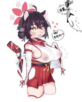 animal_ears black_choker blue_archive blush breasts brown_hair choker commentary_request covered_erect_nipples fang flower_hairpin gun hair_bun halo highres holding holding_gun holding_weapon huge_breasts japanese_clothes kaede_(blue_archive) laofen66 no_bra nontraditional_miko obijime oppai_loli panties red_sash sash underwear weapon white_panties white_sleeves wide_sleeves yellow_eyes