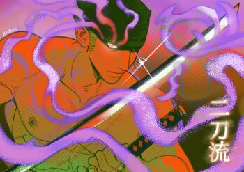 1boy arm_up bandana black_bandana bombyoon closed_mouth collarbone drawing_sword earrings fingernails green_hair hashtag-only_commentary highres holding holding_sword holding_weapon jewelry katana male_focus nipples one_eye_covered one_piece pectorals piercing ringed_eyes roronoa_zoro scar scar_on_chest short_hair sideburns solo sparkle sword topless_male weapon