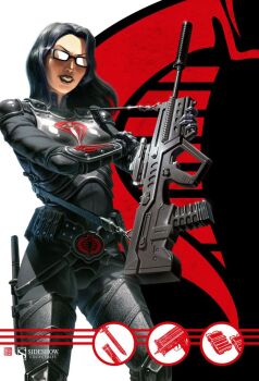 1girl armor artist_request assault_rifle baroness_(g.i._joe) bayonet black_bodysuit black_hair black_lips bodysuit boots box_art bulletproof_vest bullpup cobra_(animal) facing_viewer female_focus g.i._joe glasses gloves grin gun insignia iwi_tavor knife lips lipstick logo long_hair looking_at_viewer mac-10/11 makeup non-web_source official_art opaque_glasses promotional_art realistic reflection rifle smile solo submachine_gun suppressor tavor_tar-21 terrorist uniform vest weapon