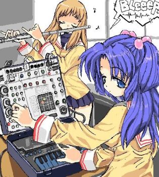Rule 34 | 2girls, black skirt, blue eyes, breasts, brown hair, clannad, closed eyes, closed mouth, commentary request, curtained hair, expressionless, flute, from behind, hair bobbles, hair ornament, holding, holding flute, holding instrument, ichinose kotomi, indoors, instrument, keyboard (instrument), large breasts, long hair, long sleeves, looking at viewer, looking back, lowres, miniskirt, miyazawa yukine, multiple girls, music, musical note, oekaki, playing instrument, pleated skirt, purple hair, sailor collar, school uniform, serafuku, shirt, skirt, sleeve cuffs, speech bubble, synthesizer, toshi (little-fluffy-cloud), two side up, undershirt, white sailor collar, yellow shirt