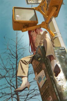 1girl absurdres akane_lize bare_tree blue_sky brown_pants chromatic_aberration closed_mouth expressionless from_below full_body grey_eyes hand_up hashtag-only_commentary high_heels highres kumaq long_hair long_sleeves looking_at_viewer looking_down multicolored_hair outdoors pants red_hair road_sign shirt shoes sign sitting sky solo stellive streaked_hair traffic_light tree virtual_youtuber white_shirt white_shoes