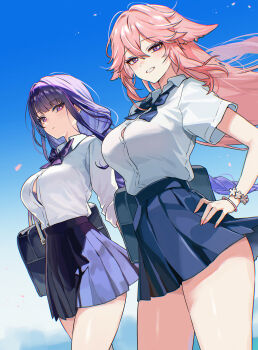 2girls absurdres alternate_costume animal_ear_piercing animal_ears bag blue_bow blue_bowtie blue_sky blunt_bangs bow bowtie bracelet braid breasts closed_mouth cloud cloudy_sky collared_shirt contemporary expressionless fox_ears fox_girl bad_tag from_below from_side genshin_impact hair_between_eyes hair_flowing_over hand_on_own_hip happy happy_birthday highres jewelry large_breasts light_blush long_braid long_hair long_sleeves looking_at_viewer looking_down looking_to_the_side multicolored_hair multiple_girls outdoors parted_lips partially_colored pink_hair purple_bow purple_bowtie raiden_shogun school_bag school_uniform shade shirt short_sleeves shoulder_bag single_braid skirt sky smile standing streaked_hair teeth thick_thighs thighs umamipesto walking white_shirt wind yae_miko