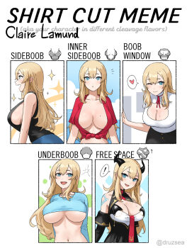 1girl ;) arms_behind_back black_horns blue_eyes blush breasts cat_cutout character_name chart claire_lamund_(nhaliz) cleavage cleavage_cutout clothing_cutout collage commentary crop_top demon_horns english_commentary english_text fang front-tie_top heart highres horns large_breasts light_brown_hair long_hair looking_at_viewer meme midriff mole mole_above_eye mole_on_breast multiple_drawing_challenge multiple_moles multiple_views navel nhaliz no_bra one_eye_closed open-chest_sweater original revealing_clothes shirt_cut_meme sideboob sleeveless slit_pupils smile spoken_heart sweater underboob