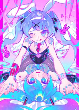Rule 34 | 2girls, animal ears, bare shoulders, black leotard, blue hair, blue nails, blush, breasts, dual persona, fishnet pantyhose, fishnets, hashtag-only commentary, hatsune miku, highres, iro (mywife sunny), leotard, long hair, multiple girls, one eye closed, pantyhose, pink background, playboy bunny, rabbit ears, rabbit hole (vocaloid), spaghetti strap, tongue, tongue out, twintails, vocaloid
