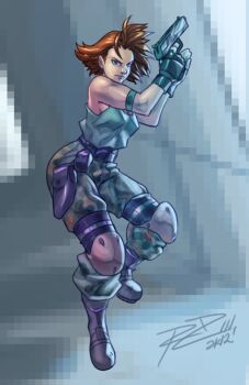 Rule 34 | 1girl, armband, belt, blue eyes, boots, brown hair, camouflage, camouflage pants, combat boots, fingerless gloves, gloves, gun, holding, holding gun, holding weapon, knee pads, konami, looking at viewer, meryl silverburgh, metal gear (series), metal gear solid, pants, photoshop (medium), robaato, short hair, signature, utility belt, weapon, wide hips