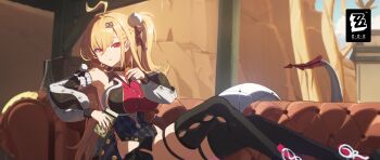 Rule 34 | 1girl, ahoge, bare shoulders, blonde hair, breasts, chalky (zenless zone zero), cissia (zenless zone zero), couch, detached sleeves, eating, hair between eyes, hair ornament, highres, large breasts, long hair, non-web source, official art, on couch, one eye closed, open mouth, pom pom (clothes), pom pom hair ornament, red eyes, snake, snake girl, snake tail, tail, white snake, zenless zone zero