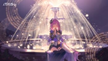 1girl absurdres artist_request black_boots black_shorts black_shrug boots breasts chinese_commentary closed_mouth commentary_request corset elysia_(honkai_impact) elysia_(miss_pink_elf)_(honkai_impact) fountain hair_ornament highres honkai_(series) honkai_impact_3rd large_breasts long_hair own_hands_together pink_hair second-party_source short_shorts shorts shrug_(clothing) sitting solo thighs very_long_hair white_corset