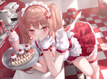 Rule 34 | 1girl, apron, artist name, banana split, bow, breasts, brown hair, chair, cherry, chocolate syrup, cleavage, commentary request, counter, cup, disposable cup, dress, food, frilled apron, frilled gloves, frilled headwear, frills, fruit, gloves, hair between eyes, hair bow, hair intakes, hair ornament, hairclip, hand on own face, hands up, heart, holding, holding tray, ice cream, indoors, leaning on table, looking at viewer, medium breasts, mhru, mouth hold, original, parallel hairclips, puffy short sleeves, puffy sleeves, red eyes, short sleeves, sidelocks, solo, standing, stool, sundae, table, thigh strap, thighs, tile floor, tiles, tray, twintails, utensil in mouth, vest, waist apron, waitress, watermark, whipped cream, white apron, white dress, white gloves, white headdress