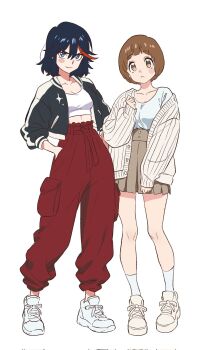 2girls baggy_pants black_hair blue_eyes blush breasts brown_hair cleavage collarbone crop_top four-pointed_star frown highres jacket kill_la_kill looking_at_viewer mankanshoku_mako matoi_ryuuko midriff midriff_peek multicolored_hair multiple_girls pants pleated_skirt red_pants red_streaks ribbed_jacket shoes short_hair sisi_am1011 skirt smile sneakers socks streaked_hair sukajan thighs white_background white_shoes