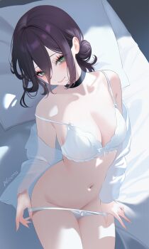 1girl 707arisu absurdres bed_sheet black_choker black_hair bra breasts chainsaw_man choker cleavage closed_mouth green_eyes groin hair_between_eyes hair_bun hashtag-only_commentary head_on_pillow highres large_breasts long_hair_between_eyes looking_at_viewer lying navel off_shoulder on_back panties pillow reze_(chainsaw_man) see-through_clothes short_hair single_hair_bun smile solo stomach strap_slip underwear white_bra white_panties