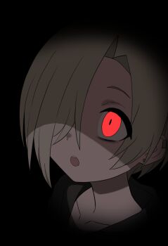 1girl bags_under_eyes black_background blonde_hair commentary_request dim_lighting earclip empty_eyes hair_over_one_eye halulu highres idolmaster idolmaster_cinderella_girls looking_afar looking_ahead one_eye_covered open_mouth portrait red_eyes shaded_face shirasaka_koume short_hair solo tareme