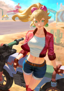 1girl blonde_hair blue_eyes bow breasts collarbone commentary denim denim_shorts earrings fingerless_gloves gloves hair_bow highres jacket jewelry knee_pads long_hair looking_at_viewer mario_(series) mario_kart mario_kart_world medium_breasts midriff motor_vehicle motorcycle navel nintendo open_clothes open_jacket open_mouth outdoors phamoz pink_bow pink_jacket ponytail princess_peach princess_peach_(touring) rally_bike_(mario_kart_world) shirt short_shorts shorts sky smile solo sphere_earrings untranslatable_commentary