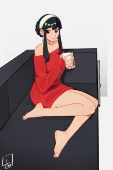 Rule 34 | 1girl, absurdres, ass, bare shoulders, barefoot, black hair, breasts, censored, censored feet, closed mouth, collarbone, commentary, couch, cup, earrings, eyelashes, feet, floating earrings, full body, grey background, hairband, hand up, highres, holding, holding cup, jewelry, knees together feet apart, l4wless, large breasts, legs, long sleeves, looking at viewer, no pants, off-shoulder sweater, off shoulder, on couch, red eyes, red sweater, short hair with long locks, sidelocks, signature, simple background, sitting, smile, soles, solo, spy x family, sweater, toes, underwear, white hairband, yor briar