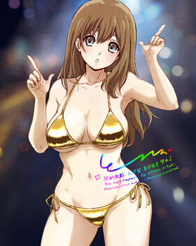 1girl :o bikini blue_eyes breasts breasts_apart brown_hair collarbone commentary_request gold_bikini hibike!_euphonium index_finger_raised kuroe_mayu large_breasts long_hair looking_at_viewer navel parted_lips side-tie_bikini_bottom solo stomach swimsuit tono51044448 triangle_bikini_top