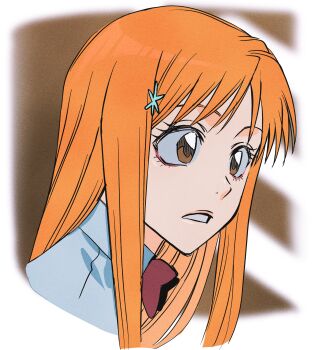 1girl bleach bow brown_eyes female_focus hair_ornament hairclip inoue_orihime karakura_high_school_uniform looking_at_viewer n_(nauki_11) orange_hair parted_lips red_bow school_uniform simple_background snowflake_hair_ornament teeth