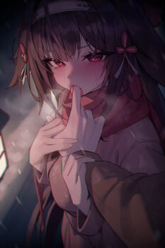 1girl absurdres animal_ears blush brown_hair commentary convenient_censoring fox_ears hair_intakes hairband hand_in_another's_mouth highres hyuk_(yeayeo) licking licking_finger long_hair looking_at_viewer pov red_eyes red_scarf scarf steam steam_censor ye_shunguang zenless_zone_zero