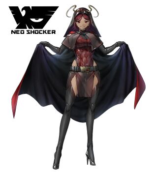 Rule 34 | 1girl, antennae, arthropod girl, belt, belt buckle, black belt, black bodysuit, blue cape, bodysuit, boots, breasts, bright pupils, brown capelet, buckle, cape, cape hold, capelet, cleavage, cleavage cutout, clothing cutout, cockroach girl, commentary, dark-skinned female, dark skin, earrings, eidenjyou1997, emblem, english commentary, full body, genderswap, genderswap (mtf), gokiburjin, high heel boots, high heels, highres, jewelry, kamen rider, looking at viewer, medium hair, monster girl, multicolored cape, neo kamen rider, pelvic curtain, purple hair, red cape, red eyes, shocker (kamen rider), simple background, smile, solo, standing, teeth, thigh boots, two-sided cape, two-sided fabric, white background