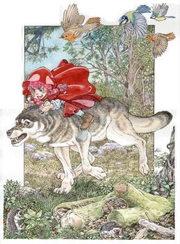 1girl animal berry big_bad_wolf bird blue_eyes blush_stickers braid branch brown_shoes cape commentary_request day eurasian_blue_tit european_robin forest freckles grabbing_another's_ear grass hand_on_another's_ear hedgehog highres honjo_kei hood hood_up hooded_cape little_red_riding_hood_(fairy_tale) little_red_riding_hood_(fairy_tale_character) looking_at_animal looking_at_another medium_hair nature open_mouth outdoors pantyhose pink_hair red_cape red_skirt riding riding_animal robin_(bird) sharp_teeth shirt shoes signature skirt smile tears teeth thick_eyebrows tit_(bird) traditional_media tree twin_braids white_pantyhose white_shirt wolf
