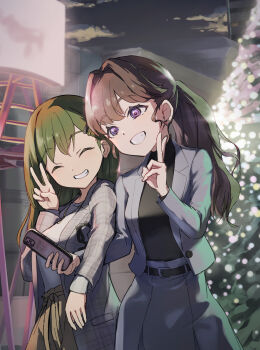 Rule 34 | 2girls, :d, ^ ^, absurdres, black-framed eyewear, black sweater, brown hair, brown pants, cellphone, christmas tree, closed eyes, coat, commentary request, cowboy shot, eyewear hang, formal clothes, fujishima megumi, fujishima megumi (post-graduation), green hair, grey coat, grey jacket, grey skirt, grin, hair intakes, hair ornament, hairclip, highres, holding, holding phone, iphone, jacket, jewelry, lao ren xing, link! like! love live!, locked arms, long hair, love live!, multiple girls, necklace, night, ogami sachi, ogami sachi (post-graduation), open clothes, open coat, open jacket, open mouth, outdoors, pants, parallel hairclips, phone, plaid clothes, plaid coat, pleated skirt, ponytail, purple eyes, shirt, skirt, skirt suit, smartphone, smile, suit, suit jacket, sweater, turtleneck, turtleneck sweater, unworn eyewear, v, virtual youtuber, white shirt