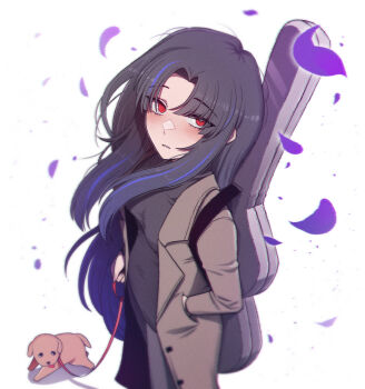 1girl araya_(project_moon) black_hair breasts brown_coat coat dog expressionless hand_in_pocket highres holding holding_leash instrument_case leash limbus_company long_hair long_sleeves looking_at_viewer misg1111 multicolored_hair parted_lips petals project_moon purple_petals red_eyes saru_(project_moon) solo spoilers streaked_hair