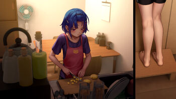 Rule 34 | 1girl, as109, cooking, flat chest, hair ornament, hairclip, highres, mole, mole on cheek, original, pink eyes, purple hair, short hair, solo