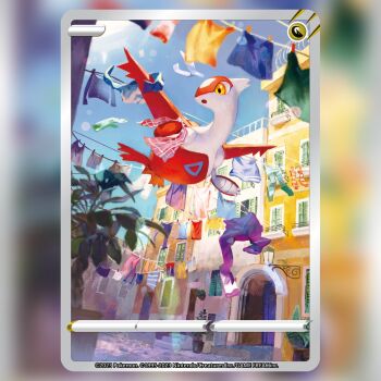 :o blue_sky building card_(medium) clothesline commentary company_name copyright_name copyright_notice english_commentary flying gen_3_pokemon latias legendary_pokemon nintendo official_art open_mouth plant pokemon pokemon_(creature) pokemon_card pokemon_focus pokemon_tcg potted_plant sky solo teeziro textless_version third-party_source trading_card unworn_clothes window yellow_eyes