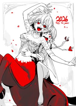 2026 2girls barefoot braid breasts chimera chinese_zodiac dated dungeon_meshi elf falin_touden feathers happy_new_year highres horse_girl horseback_riding hug long_hair looking_at_viewer marcille_donato monster_girl multiple_girls new_year open_mouth pointy_ears riding short_hair spot_color ssabdeog twin_braids year_of_the_horse