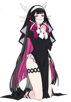 1girl alternate_costume alvis_tayl96598 bare_legs black_hair columbina_(genshin_impact) feathered_wings genshin_impact head_wings highres long_hair looking_at_viewer multicolored_hair nun nun_headdress pink_hair simple_background smile solo thighs two-tone_hair unusually_open_eyes white_background wings
