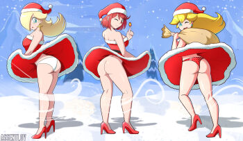 3girls artist_logo artist_name ass assentlov blonde_hair blue_eyes breasts christmas crown dress earrings fire from_behind hair_over_one_eye hat high_heels jewelry legs logo long_hair looking_at_viewer looking_back mario_(series) medium_breasts mountain multiple_girls nintendo no_panties one_eye_closed open_mouth panties princess_peach pyra_(xenoblade) red_eyes red_hair rosalina sack santa_costume santa_dress santa_hat shiny_skin snow snowing standing super_mario_bros._1 super_mario_galaxy surprised thighs tiara tree underwear upskirt wardrobe_malfunction wedgie wind wink xenoblade_chronicles_(series) xenoblade_chronicles_2