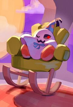 1boy black_eyes chair commentary doopliss facing_viewer hat highres legs_apart looking_to_the_side mario_(series) monyorun nintendo no_humans one_eye_closed paper_mario paper_mario:_the_thousand-year_door party_hat red_pupils red_shoes rocking_chair shoes sitting solo twitter_username