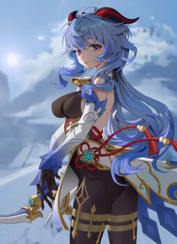 1girl ahoge amos'_bow_(genshin_impact) ass backless_outfit bare_shoulders bell black_gloves black_pantyhose blue_hair bow_(weapon) breasts chinese_knot commentary cowboy_shot detached_sleeves flower_knot from_side ganyu_(genshin_impact) gavin_xiaowen genshin_impact gloves gold_trim highres holding holding_bow_(weapon) holding_weapon horns jewelry long_hair looking_at_viewer low_ponytail medium_breasts mountain neck_bell outdoors pantyhose ponytail purple_eyes revision sidelocks smile snow solo standing thighlet vision_(genshin_impact) waist_cape weapon white_sleeves