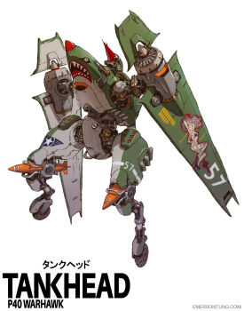 airplane bomb emerson_tung explosive fighter_plane highres kill_markings mecha mecha_focus mechanization military_vehicle no_humans original p-40_warhawk pinup_(style) propeller_fighter robot science_fiction shark_head standing united_states_air_force wheel white_background