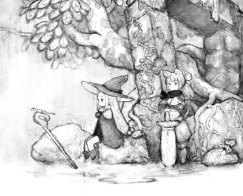 2girls animal_ear_fluff animal_ears armor boots cape cat_ears cat_girl cropped_shirt elf gauntlets greatsword greyscale hair_bobbles hair_ornament hat lizard long_hair long_pointy_ears low-tied_long_hair low_ponytail midriff monochrome multiple_girls navel original pauldrons planted planted_sword planted_weapon pointy_ears pon_(tab_rasa) ponytail puffy_pants ruins shoulder_armor sitting staff standing sword tree veins weapon wide_shot witch witch_hat