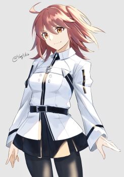 1girl ahoge arm_at_side artist_name belt black_belt black_pantyhose black_skirt breasts chaldea_logo commentary_request cowboy_shot fate/grand_order fate_(series) fujimaru_ritsuka_(female) grey_background highres long_sleeves looking_at_viewer orange_eyes orange_hair pantyhose shirt simple_background skirt small_breasts smile solo white_shirt ymgyk2