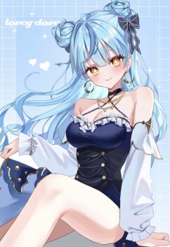 1girl ahoge aqua_hair bare_shoulders black_corset blue_background blue_dress blue_hair blue_streaks blush bow breasts cleavage coco_(lu28_mi) corset cowboy_shot crescent crescent_earrings detached_sleeves diamond-shaped_pupils diamond_(shape) double_bun dress earrings eyeliner frills gold_necklace gold_trim hair_between_eyes hair_bow hair_bun hair_ornament halter_dress halterneck high-low_dress highres jewelry large_breasts long_hair long_sleeves looking_at_viewer makeup multicolored_hair necklace nijisanji red_eyeliner simple_background sitting skirt sleeveless smile solo streaked_hair symbol-shaped_pupils tamanoi_nana tamanoi_nana_(3rd_costume) thighs virtual_youtuber white_background yellow_eyes